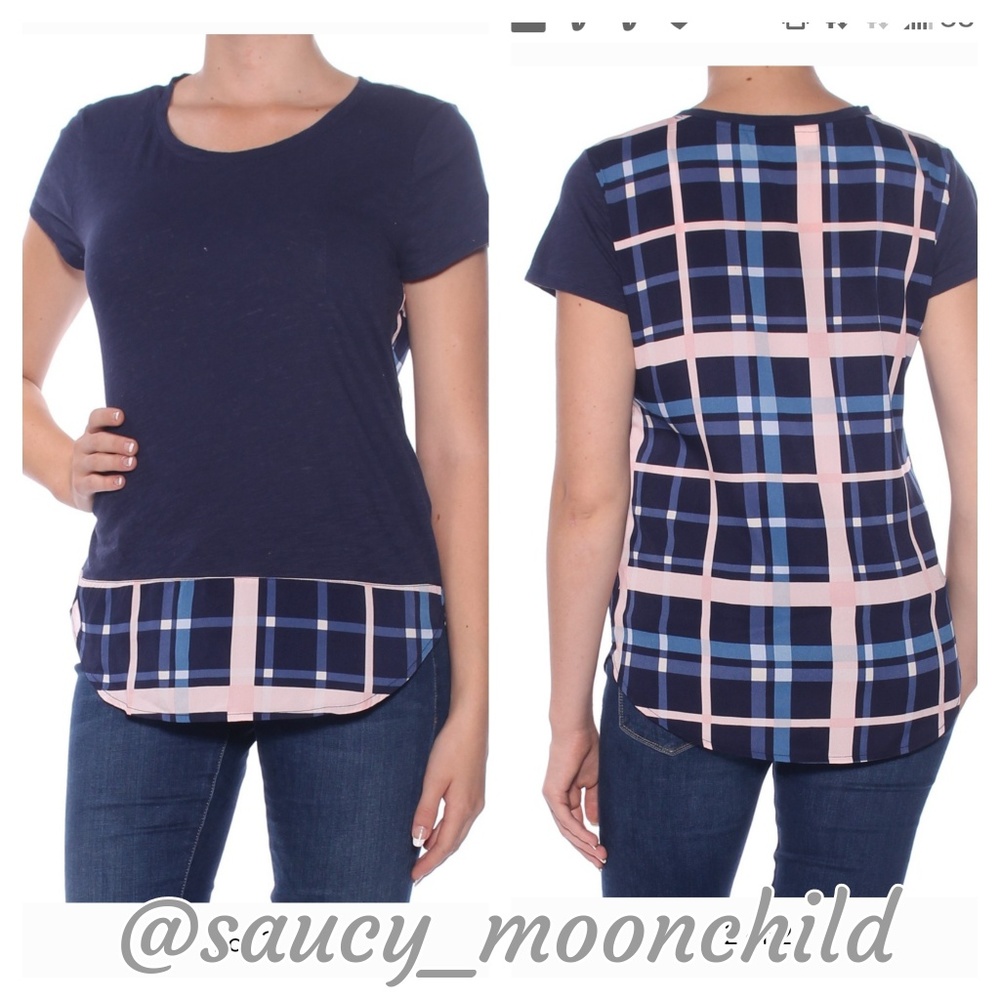 NEW • Maison Jules •Navy Blue Pink Plaid Crewneck Mixed Media T-Shirt LARGE